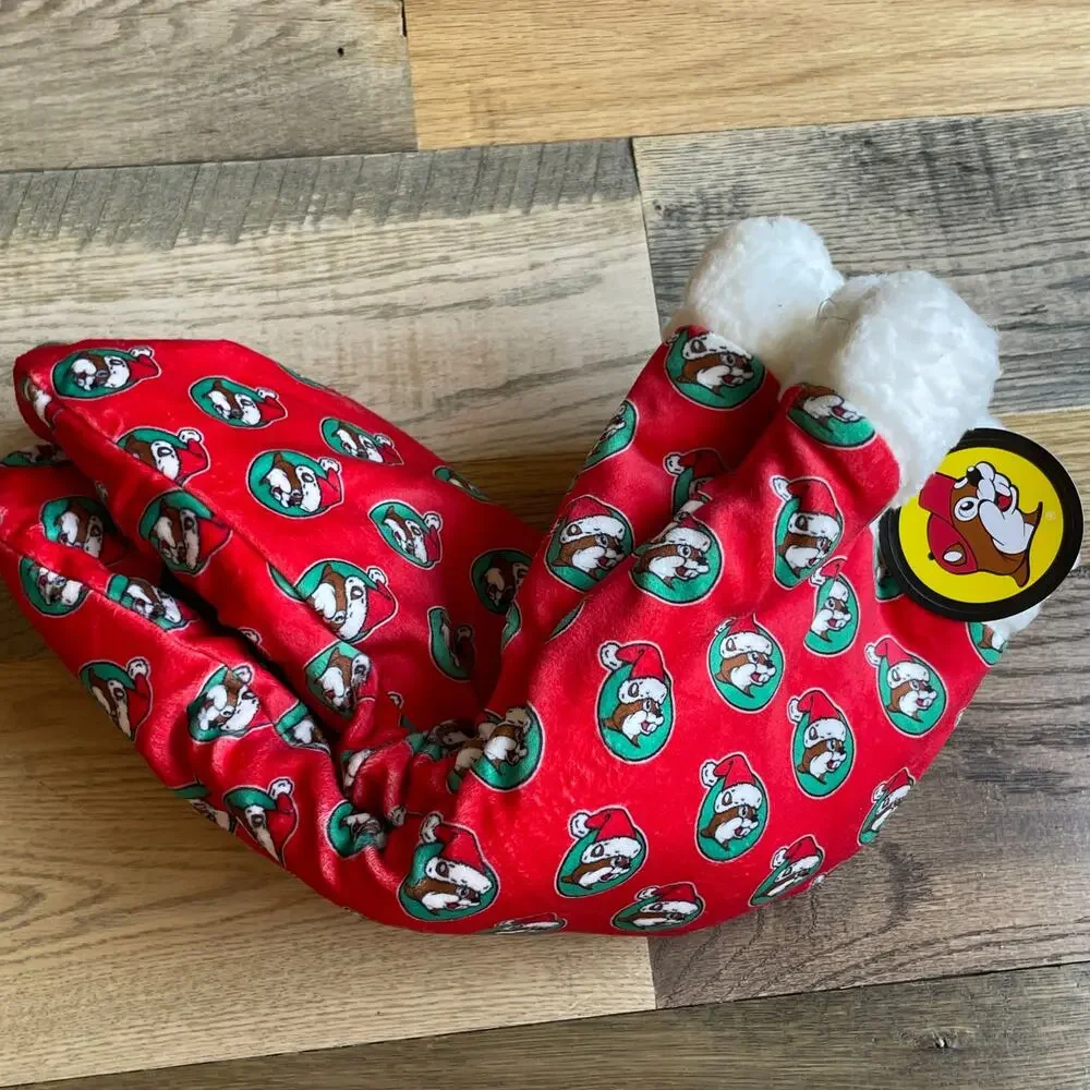 Buc-ee's Christmas Slipper Socks Red Santa Beaver Plush Booties NWT